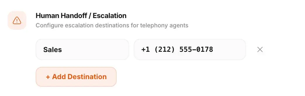Human handoff and escalation destination configuration UI